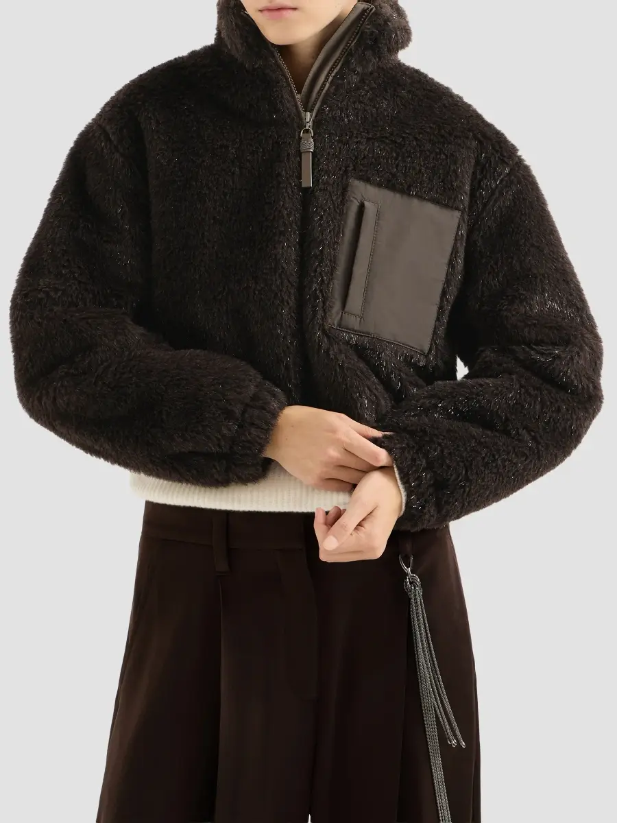 Brunello Cucinelli Women's Sparkling Alpaca and Virgin Wool Cropped Outerwear Jacket | Thumbnail 3