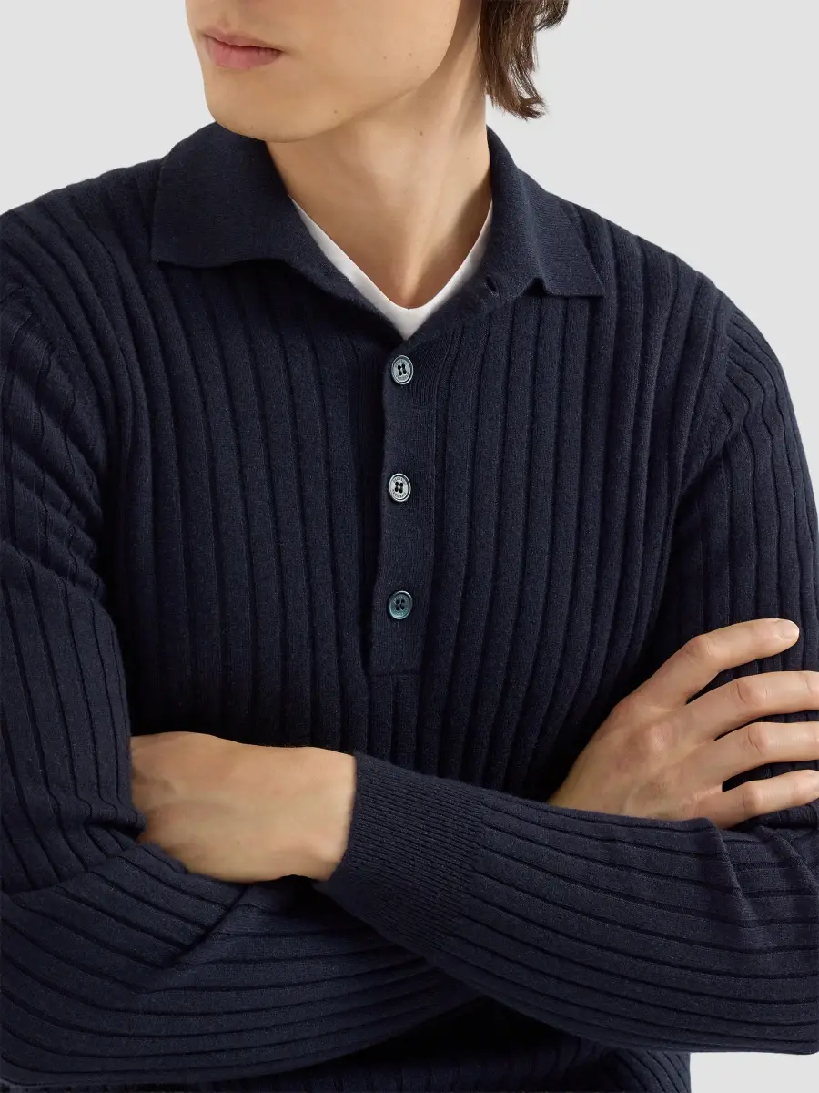 Brunello Cucinelli Men's Cashmere Rib Knit Polo Shirt | Thumbnail 5 Brunello Cucinelli Men's Cashmere Rib Knit Polo Shirt | Thumbnail 5