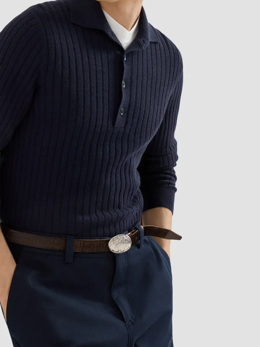 Brunello Cucinelli Men's Cashmere Rib Knit Polo Shirt | Thumbnail 6 Brunello Cucinelli Men's Cashmere Rib Knit Polo Shirt | Thumbnail 6