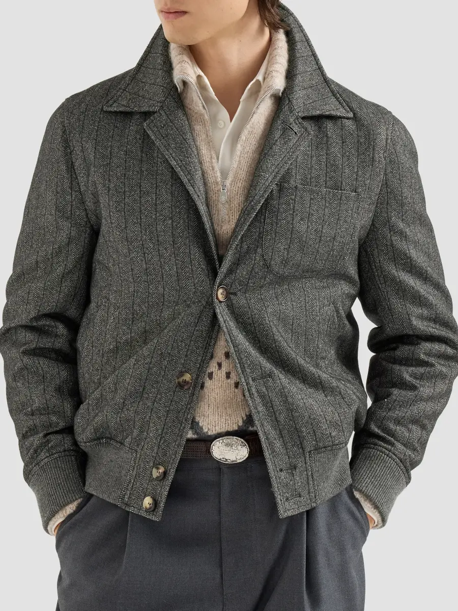 Brunello Cucinelli Men's Cashmere and Silk Chalk Stripe Chevron Outerwear Jacket | Thumbnail 3 Brunello Cucinelli Men's Cashmere and Silk Chalk Stripe Chevron Outerwear Jacket | Thumbnail 3