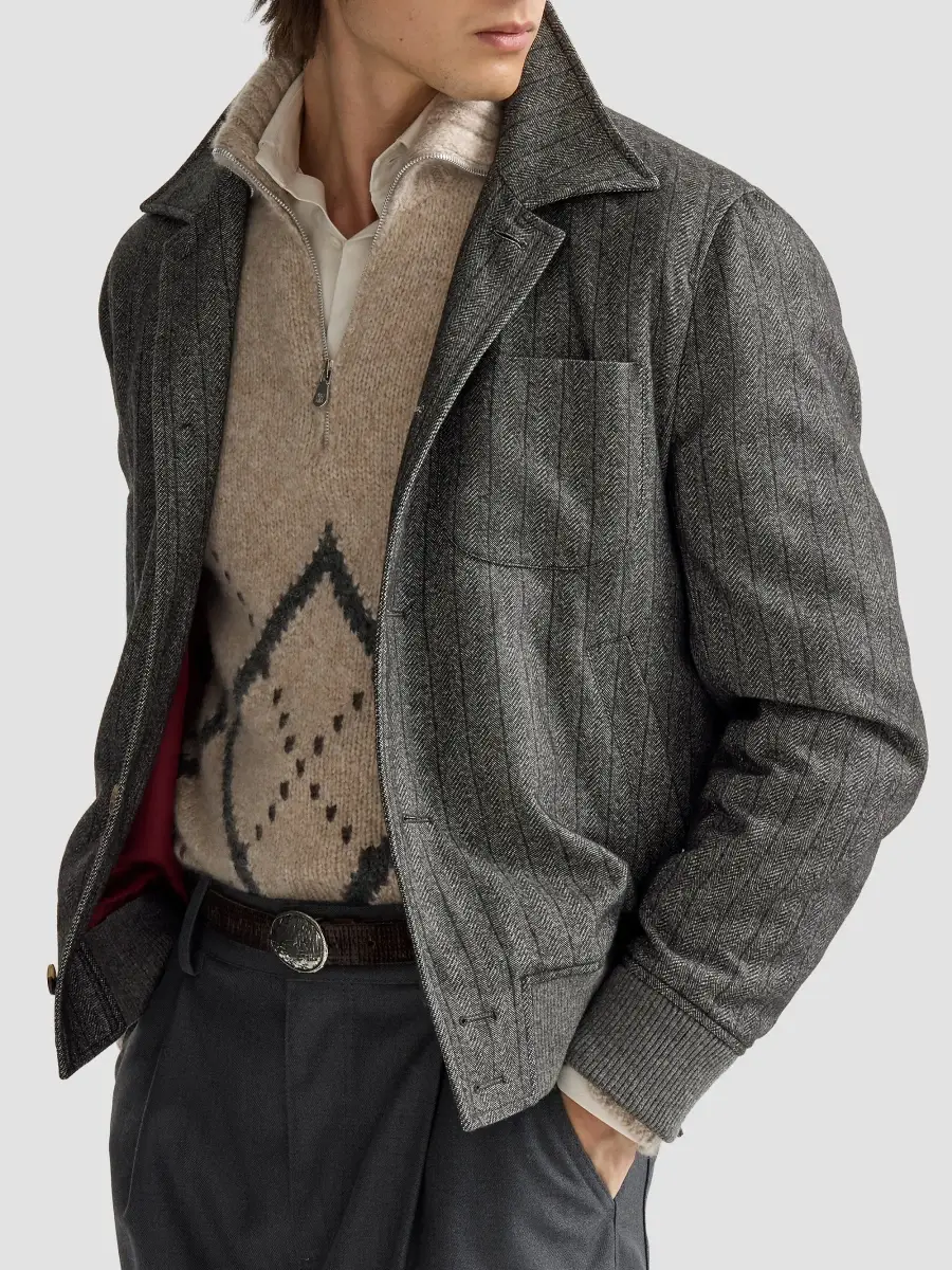 Brunello Cucinelli Men's Cashmere and Silk Chalk Stripe Chevron Outerwear Jacket | Thumbnail 5 Brunello Cucinelli Men's Cashmere and Silk Chalk Stripe Chevron Outerwear Jacket | Thumbnail 5