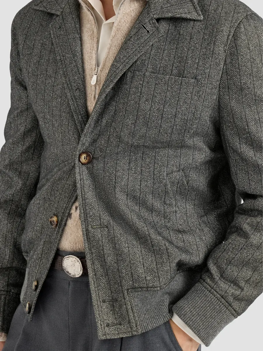 Brunello Cucinelli Men's Cashmere and Silk Chalk Stripe Chevron Outerwear Jacket | Thumbnail 6 Brunello Cucinelli Men's Cashmere and Silk Chalk Stripe Chevron Outerwear Jacket | Thumbnail 6