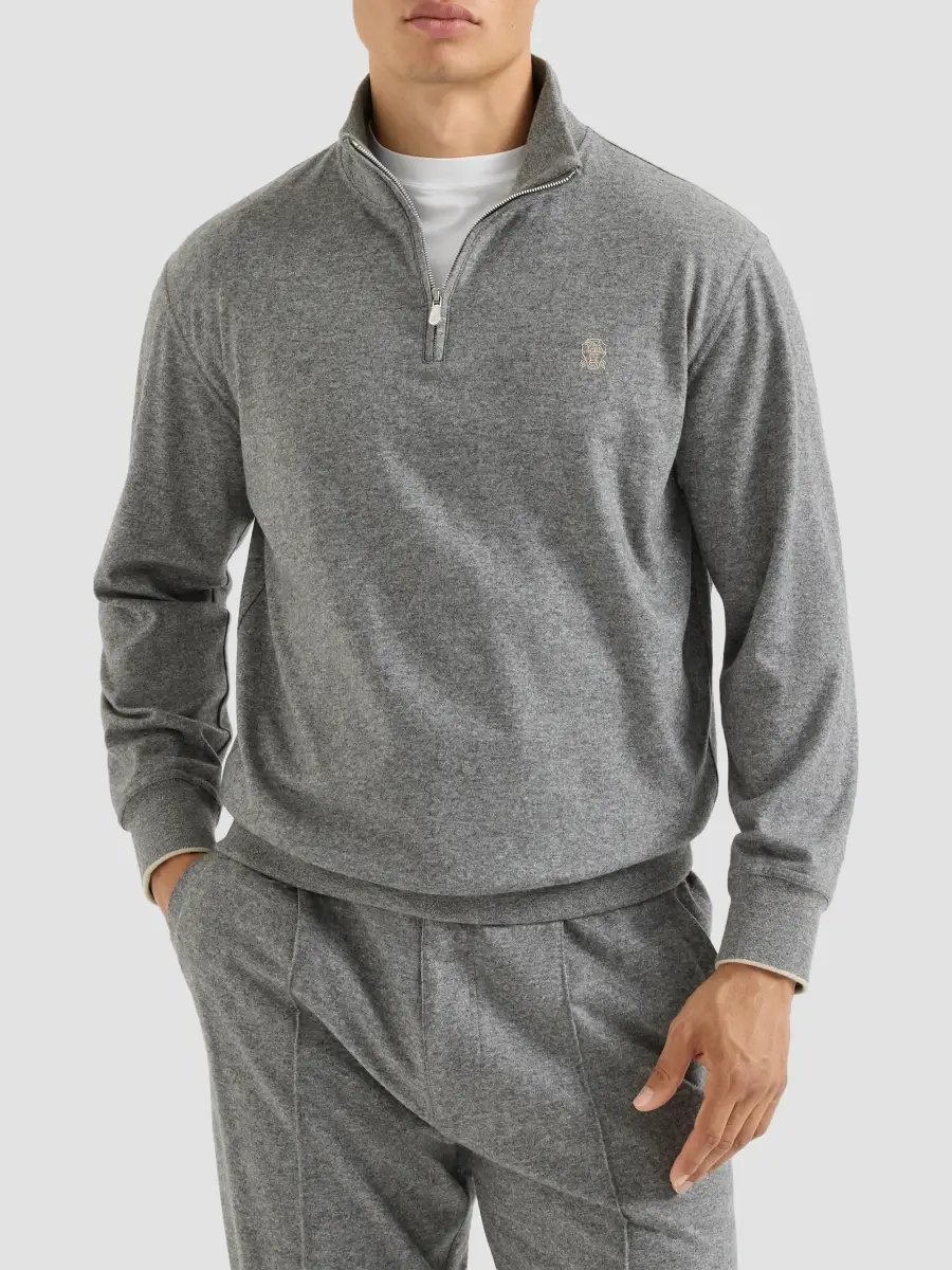 Brunello Cucinelli Men's Cashmere Jersey Sweater with Half Zip and Embroidered Logo - Stone Grey | Thumbnail 3 Brunello Cucinelli Men's Cashmere Jersey Sweater with Half Zip and Embroidered Logo - Stone Grey | Thumbnail 3