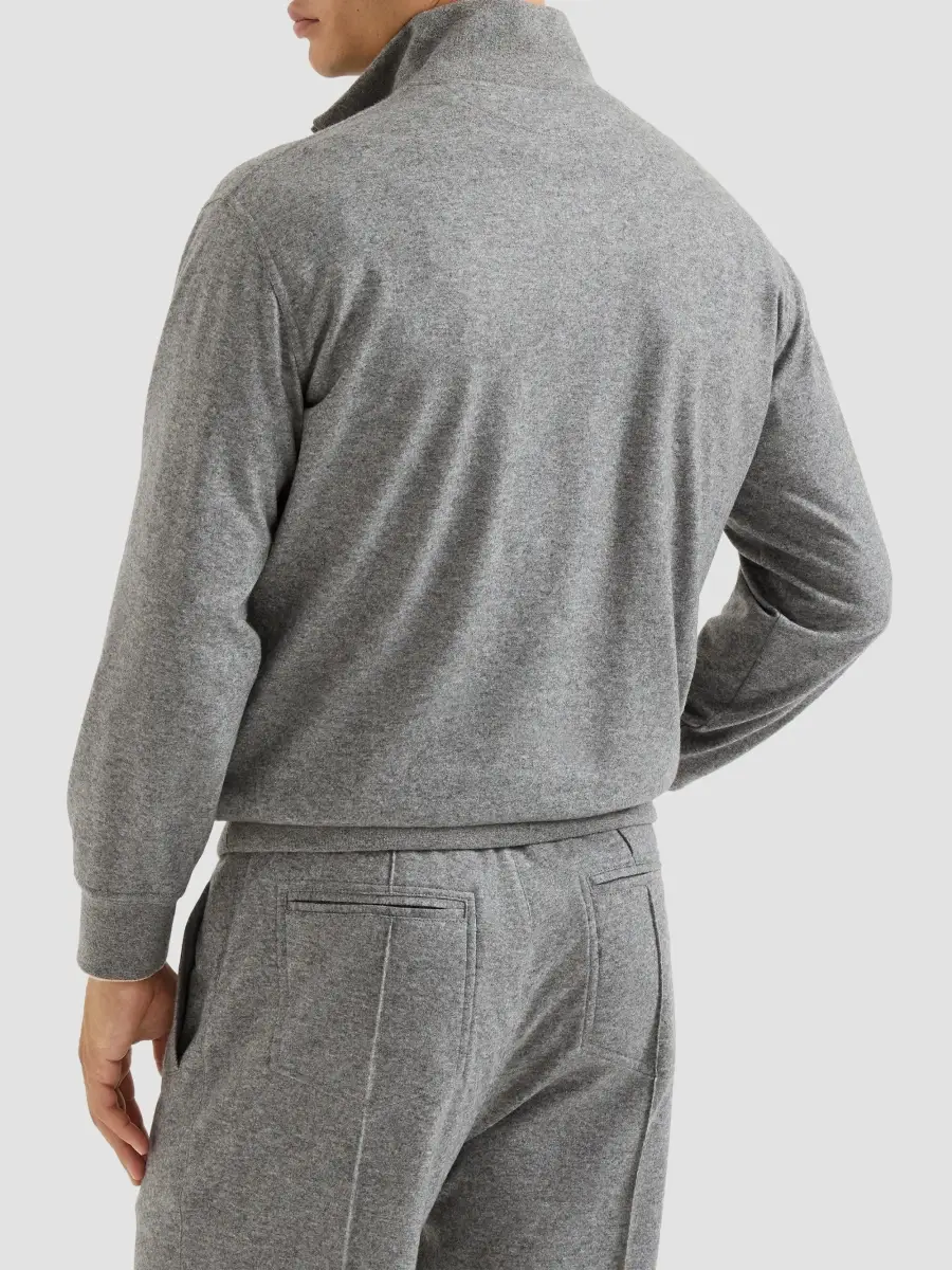 Brunello Cucinelli Men's Cashmere Jersey Sweater with Half Zip and Embroidered Logo - Stone Grey | Thumbnail 4 Brunello Cucinelli Men's Cashmere Jersey Sweater with Half Zip and Embroidered Logo - Stone Grey | Thumbnail 4