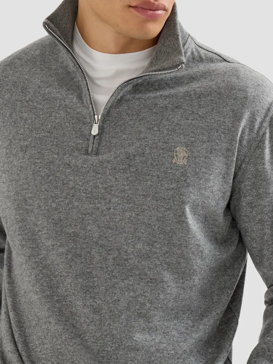 Brunello Cucinelli Men's Cashmere Jersey Sweater with Half Zip and Embroidered Logo - Stone Grey | Thumbnail 5 Brunello Cucinelli Men's Cashmere Jersey Sweater with Half Zip and Embroidered Logo - Stone Grey | Thumbnail 5