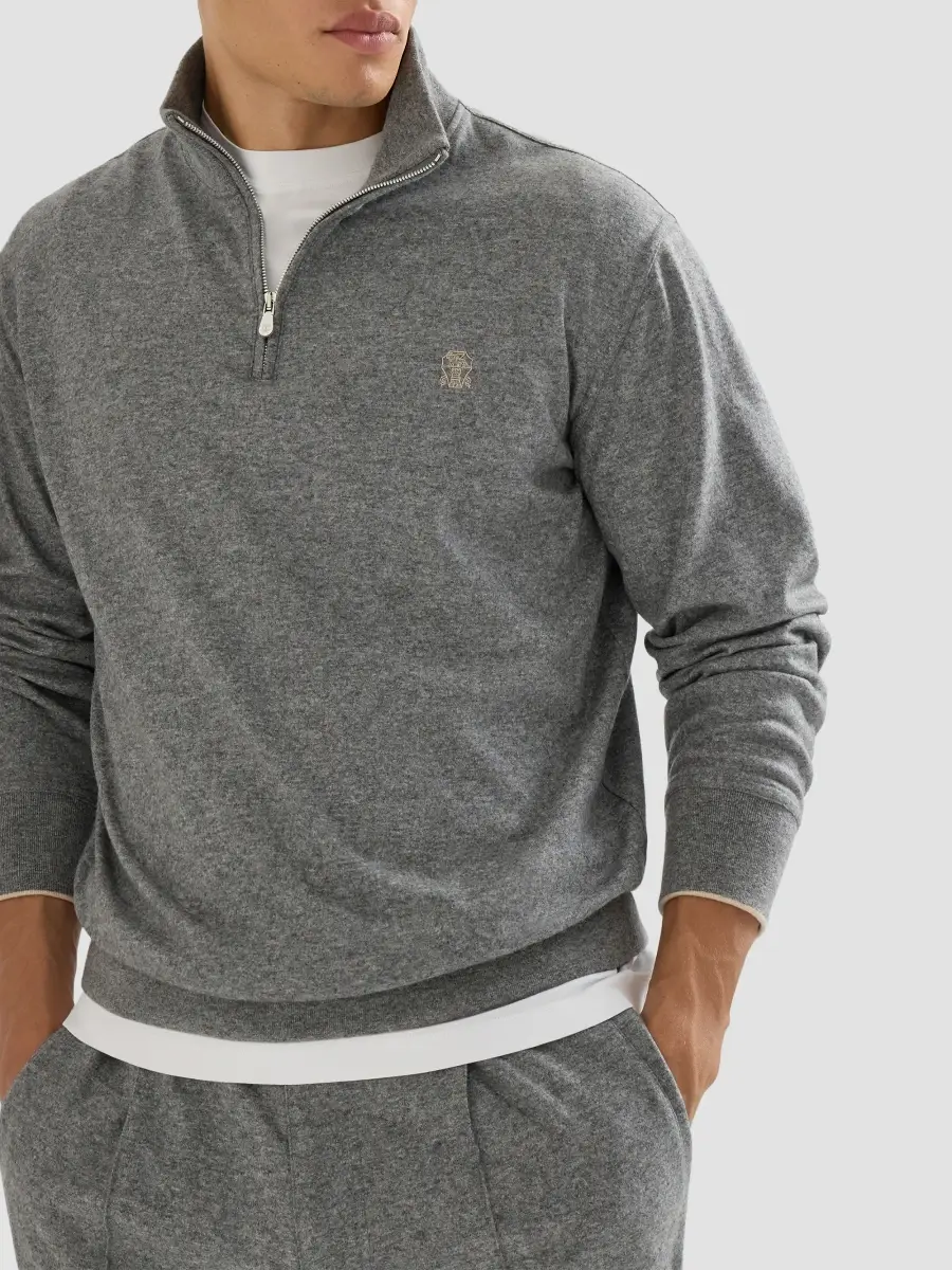Brunello Cucinelli Men's Cashmere Jersey Sweater with Half Zip and Embroidered Logo - Stone Grey | Thumbnail 6 Brunello Cucinelli Men's Cashmere Jersey Sweater with Half Zip and Embroidered Logo - Stone Grey | Thumbnail 6