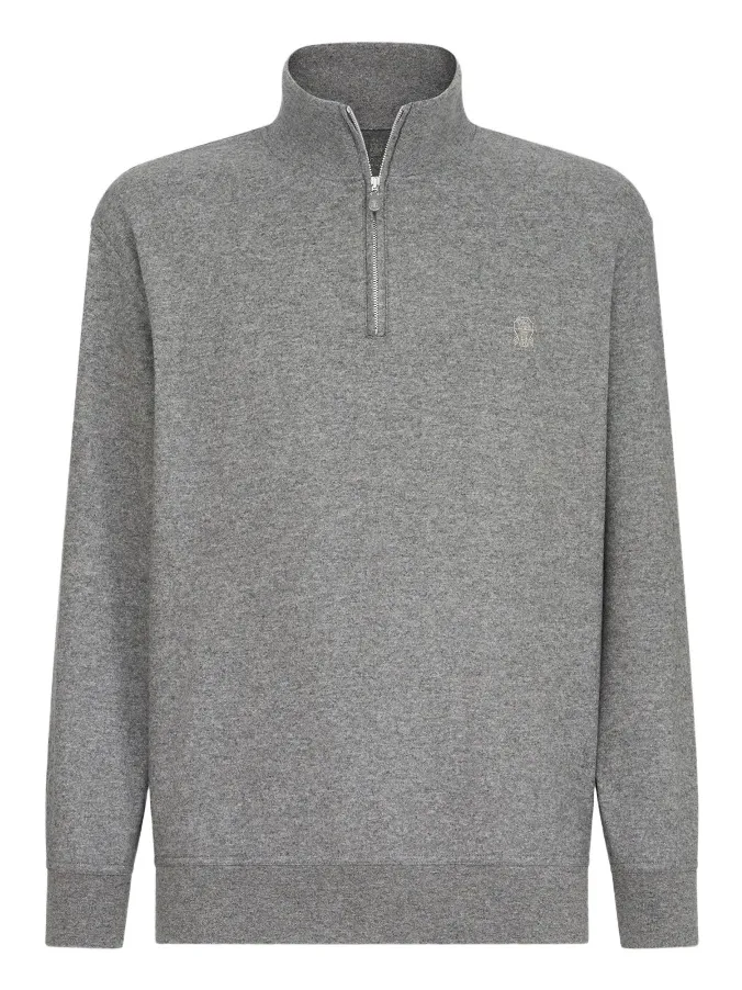 Brunello Cucinelli Men's Cashmere Jersey Sweater with Half Zip and Embroidered Logo - Stone Grey
