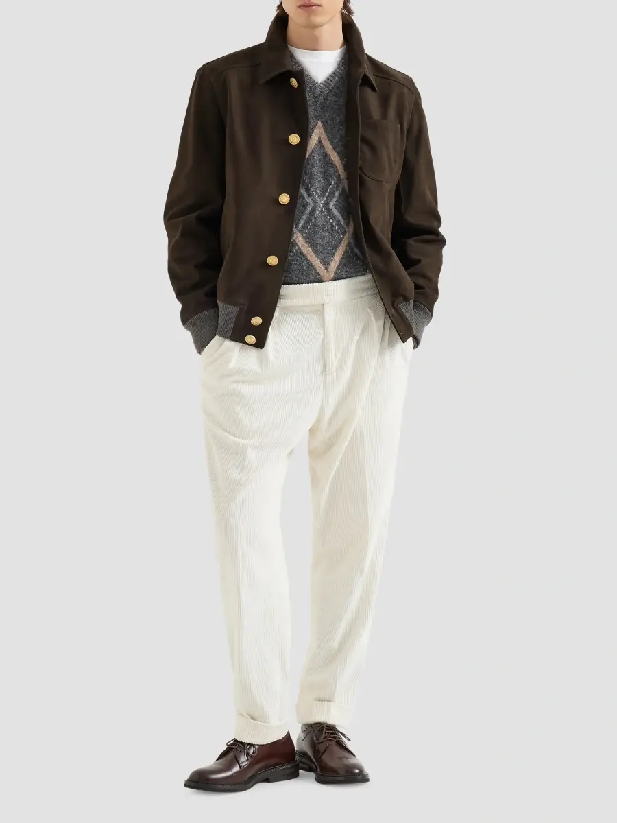 Brunello Cucinelli Men's Nubuck Shirt-Style Bomber Jacket with Cashmere Inserts and Metal Buttons - Rust Brown | Thumbnail 2