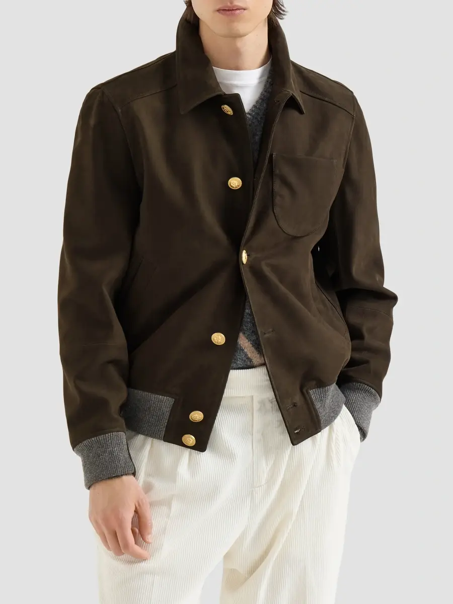 Brunello Cucinelli Men's Nubuck Shirt-Style Bomber Jacket with Cashmere Inserts and Metal Buttons - Rust Brown | Thumbnail 3