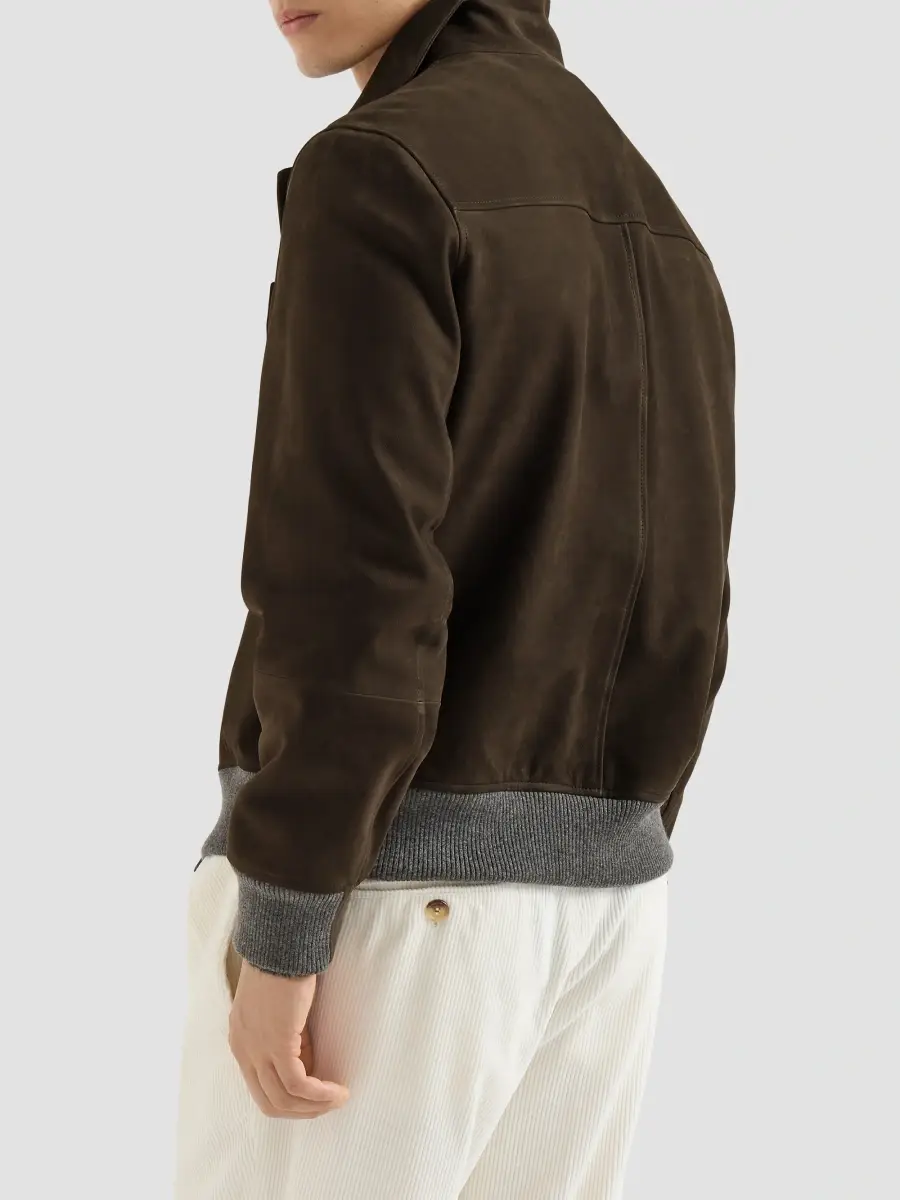 Brunello Cucinelli Men's Nubuck Shirt-Style Bomber Jacket with Cashmere Inserts and Metal Buttons - Rust Brown | Thumbnail 4