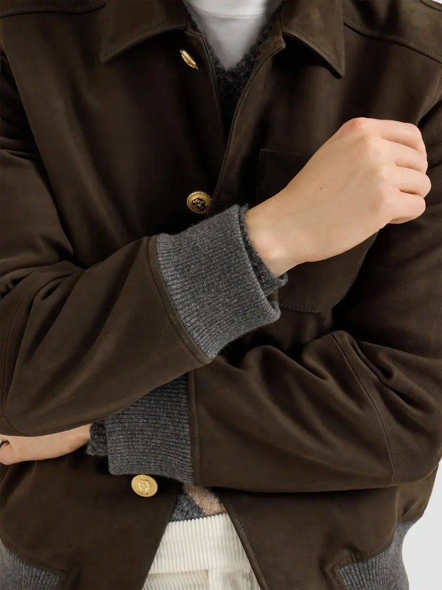 Brunello Cucinelli Men's Nubuck Shirt-Style Bomber Jacket with Cashmere Inserts and Metal Buttons - Rust Brown | Thumbnail 5