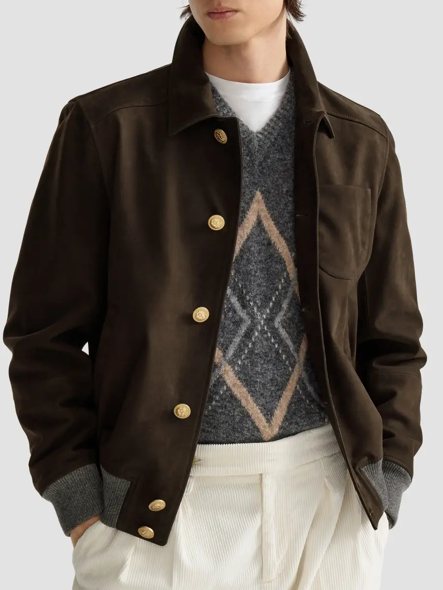 Brunello Cucinelli Men's Nubuck Shirt-Style Bomber Jacket with Cashmere Inserts and Metal Buttons - Rust Brown | Thumbnail 6