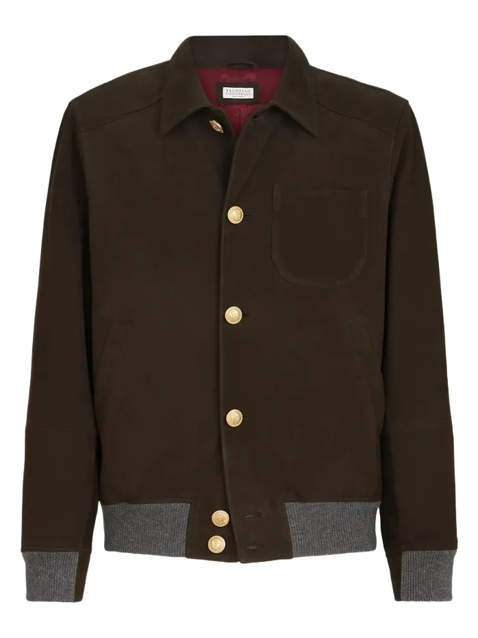 Brunello Cucinelli Men's Nubuck Shirt-Style Bomber Jacket with Cashmere Inserts and Metal Buttons - Rust Brown
