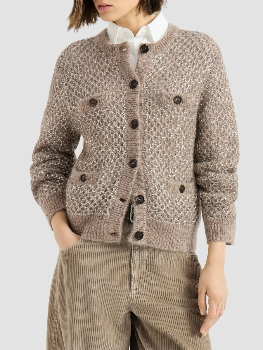 Brunello Cucinelli Women's Dazzling Net Cardigan in Mohair - Light Brown | Thumbnail 2