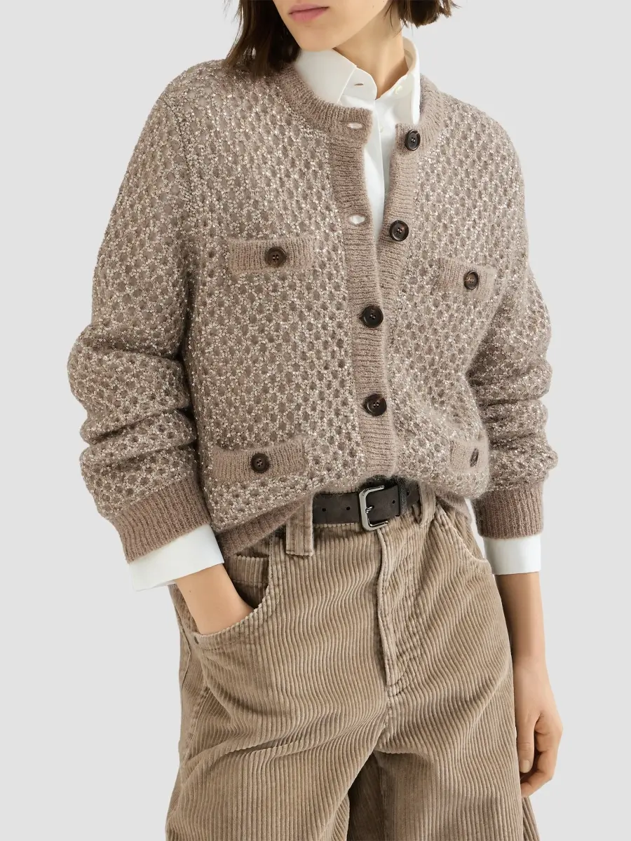 Brunello Cucinelli Women's Dazzling Net Cardigan in Mohair - Light Brown | Thumbnail 4