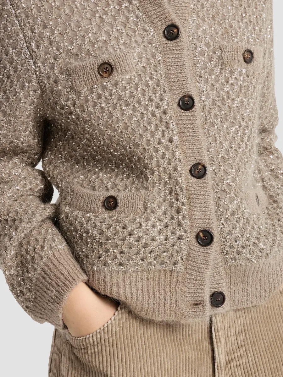 Brunello Cucinelli Women's Dazzling Net Cardigan in Mohair - Light Brown | Thumbnail 5