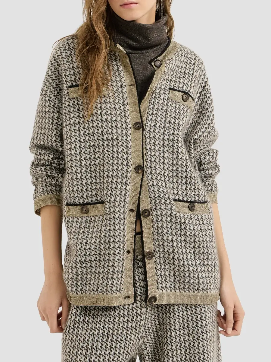 Brunello Cucinelli Women's Mohair, Virgin Wool and Cashmere Sparkling Houndstooth Cardigan | Thumbnail 2