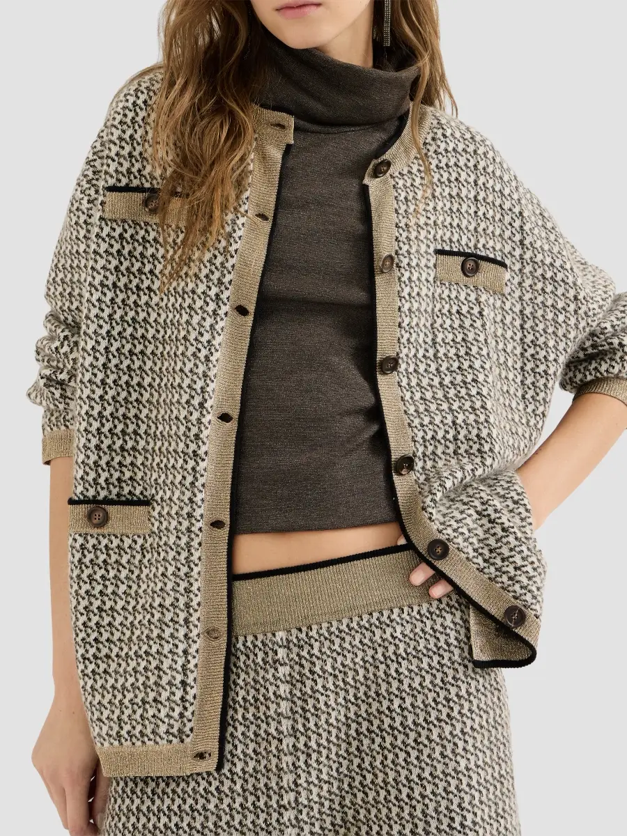 Brunello Cucinelli Women's Mohair, Virgin Wool and Cashmere Sparkling Houndstooth Cardigan | Thumbnail 4