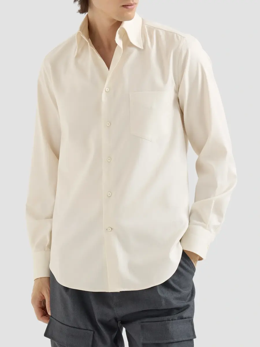 Brunello Cucinelli Men's Garment-Dyed Twill Shirt with Italian Collar and Chest Pocket - Panama | Thumbnail 3 Brunello Cucinelli Men's Garment-Dyed Twill Shirt with Italian Collar and Chest Pocket - Panama | Thumbnail 3