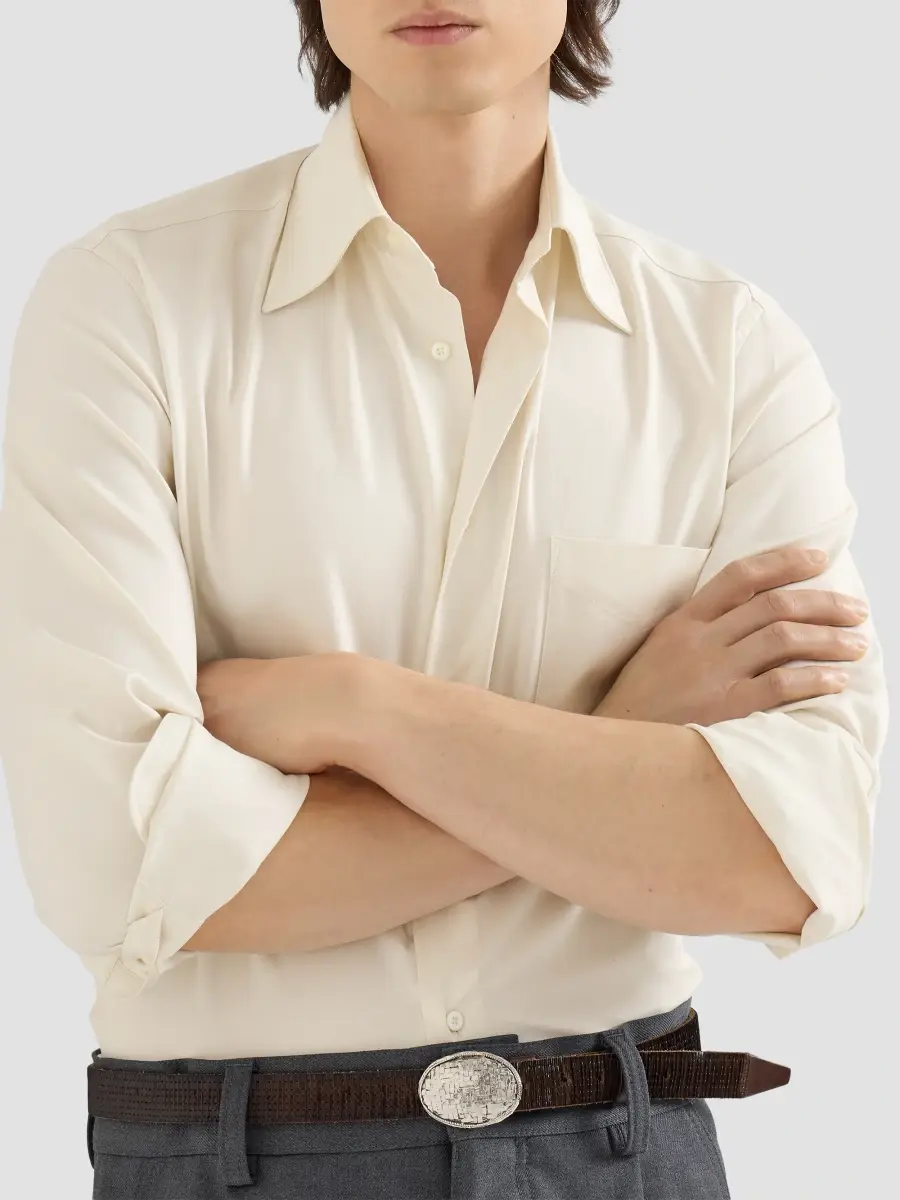 Brunello Cucinelli Men's Garment-Dyed Twill Shirt with Italian Collar and Chest Pocket - Panama | Thumbnail 6 Brunello Cucinelli Men's Garment-Dyed Twill Shirt with Italian Collar and Chest Pocket - Panama | Thumbnail 6