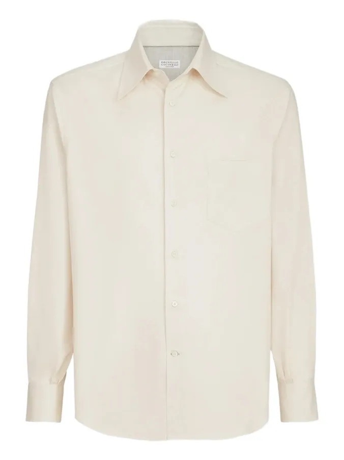 Brunello Cucinelli Men's Garment-Dyed Twill Shirt with Italian Collar and Chest Pocket - Panama