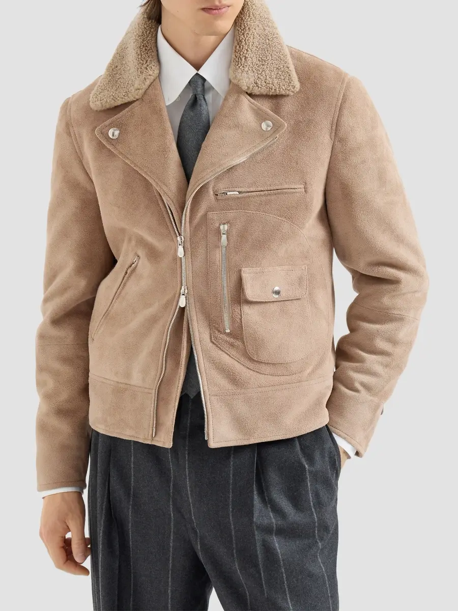 Brunello Cucinelli Men's Suede Biker Jacket with Thermore Padding and Detachable Shearling Collar | Thumbnail 2