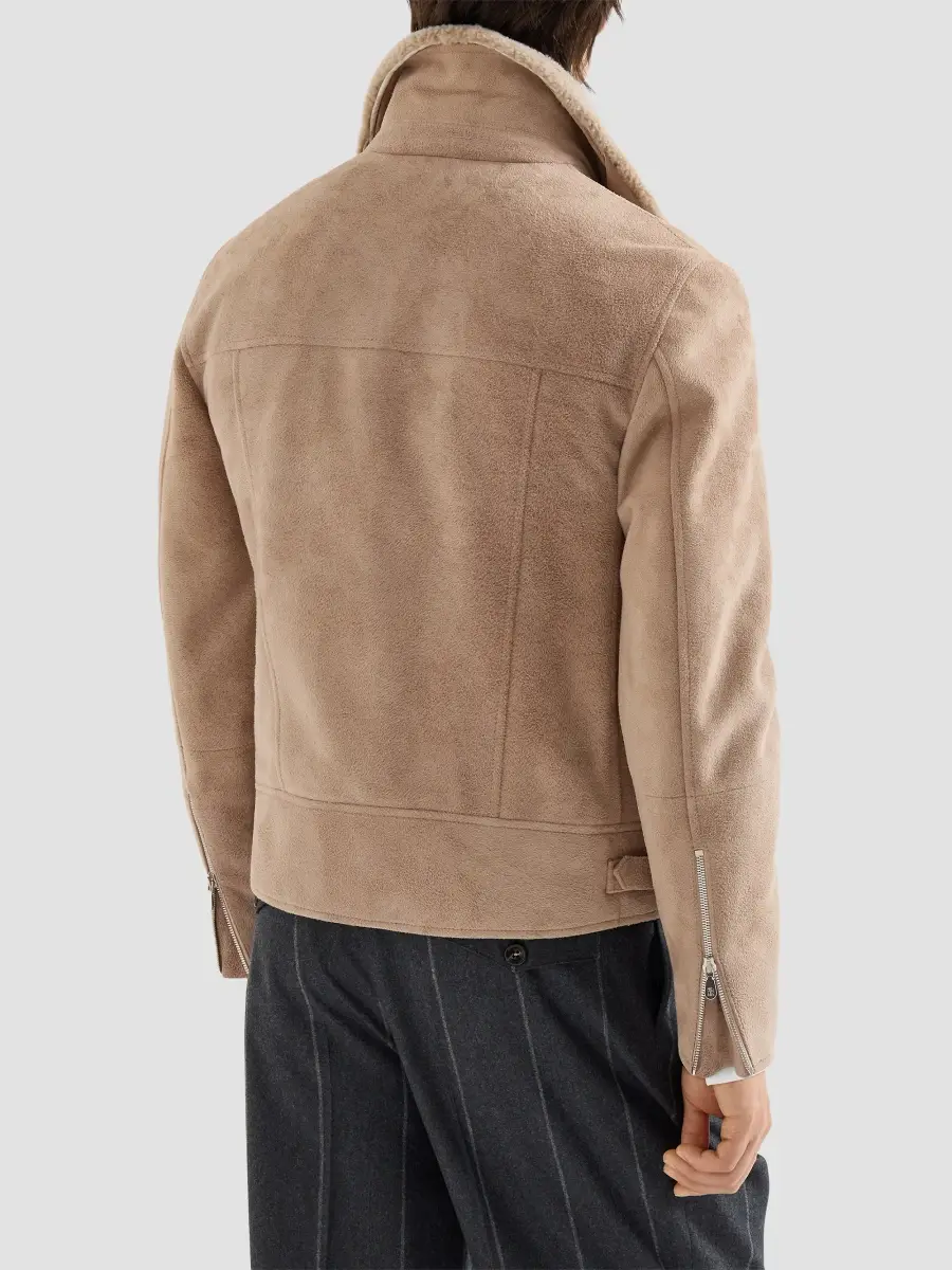 Brunello Cucinelli Men's Suede Biker Jacket with Thermore Padding and Detachable Shearling Collar | Thumbnail 3