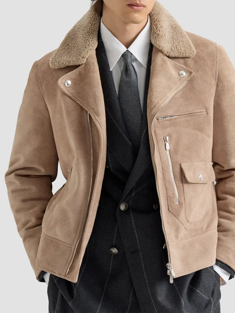 Brunello Cucinelli Men's Suede Biker Jacket with Thermore Padding and Detachable Shearling Collar | Thumbnail 4
