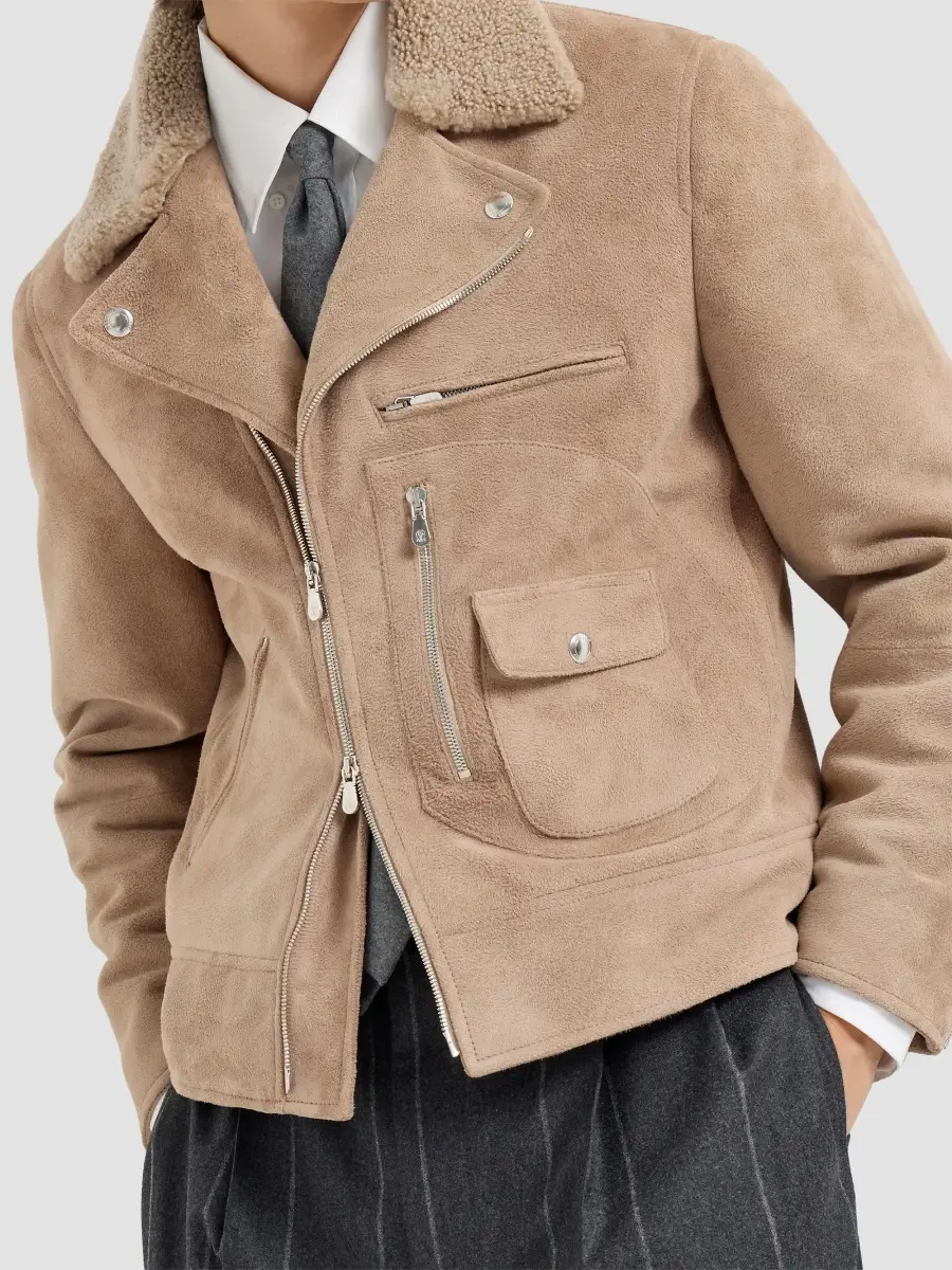 Brunello Cucinelli Men's Suede Biker Jacket with Thermore Padding and Detachable Shearling Collar | Thumbnail 5