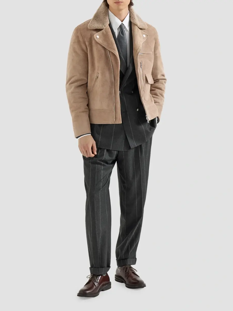Brunello Cucinelli Men's Suede Biker Jacket with Thermore Padding and Detachable Shearling Collar | Thumbnail 6