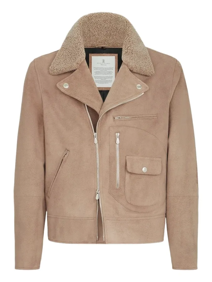 Brunello Cucinelli Men's Suede Biker Jacket with Thermore Padding and Detachable Shearling Collar