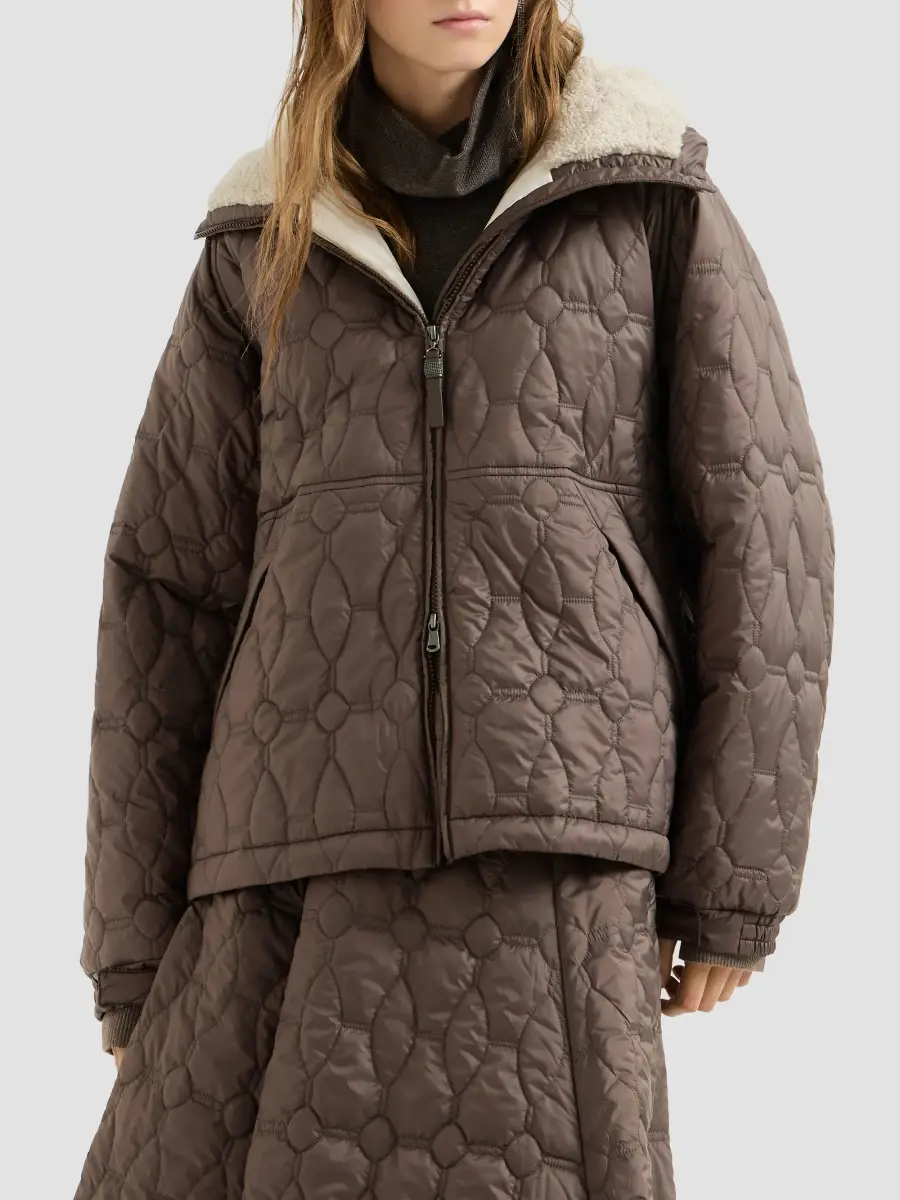 Brunello Cucinelli Women's Water-resistant Matte Nylon Outerwear Coat With Thermore Padding, Shearling And Shiny Zipper Pull | Thumbnail 3