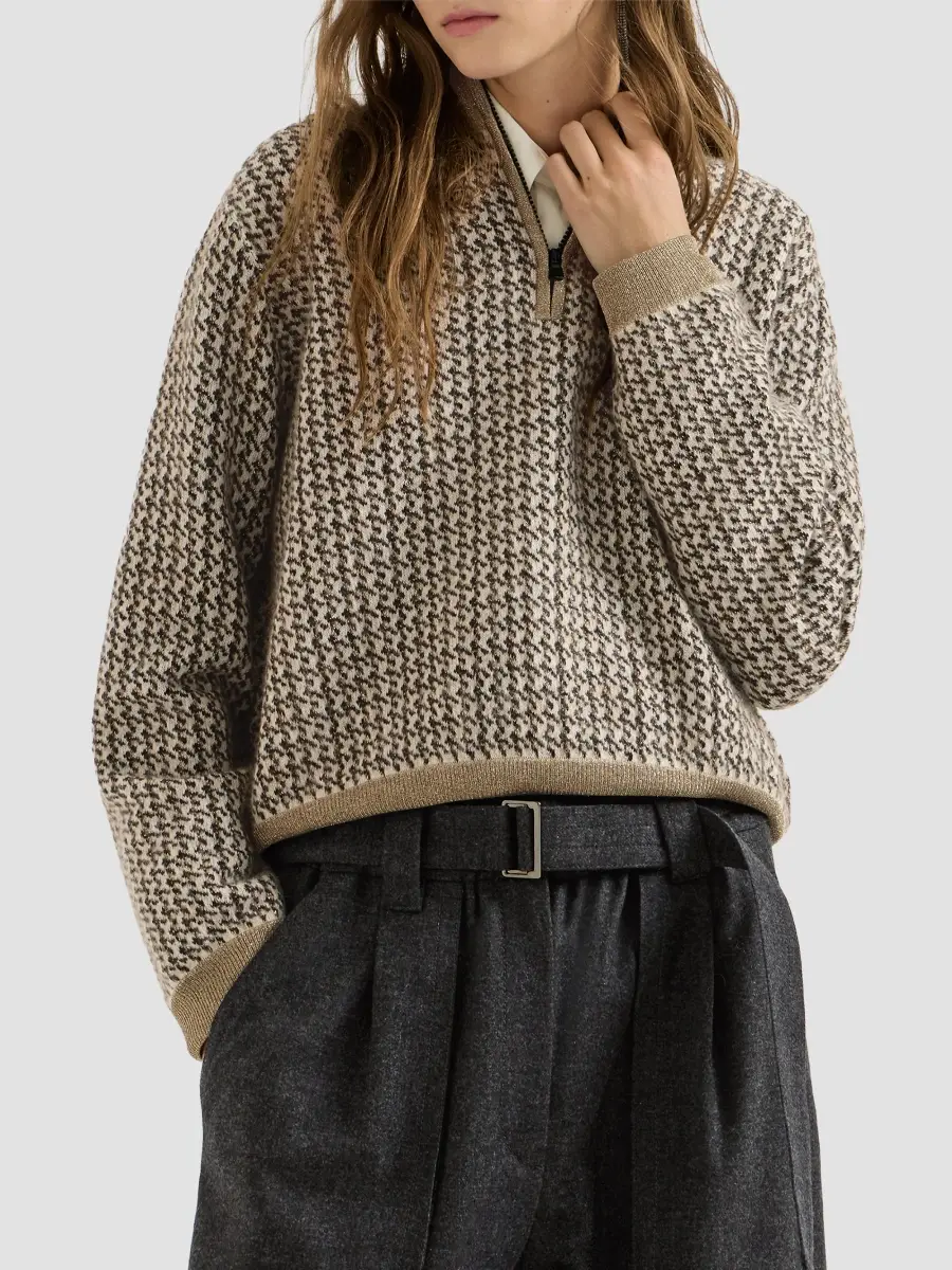 Brunello Cucinelli Women's Mohair, Virgin Wool and Cashmere Sparkling Houndstooth Turtleneck Sweater | Thumbnail 2 Brunello Cucinelli Women's Mohair, Virgin Wool and Cashmere Sparkling Houndstooth Turtleneck Sweater | Thumbnail 2