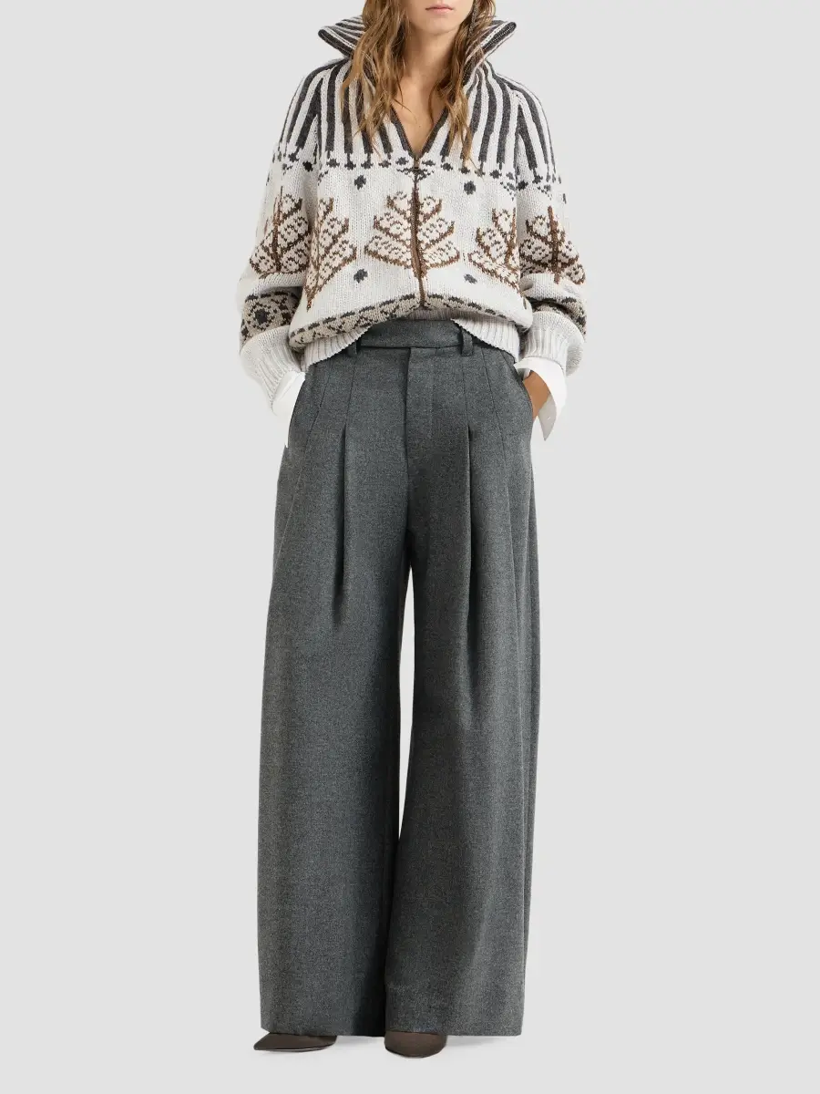 Brunello Cucinelli Women's Virgin Wool and Cashmere Twill Flannel Pleated Barrel Trousers | Thumbnail 2 Brunello Cucinelli Women's Virgin Wool and Cashmere Twill Flannel Pleated Barrel Trousers | Thumbnail 2