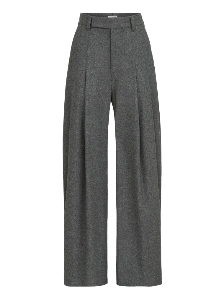 Women's Virgin Wool and Cashmere Twill Flannel Pleated Barrel Trousers