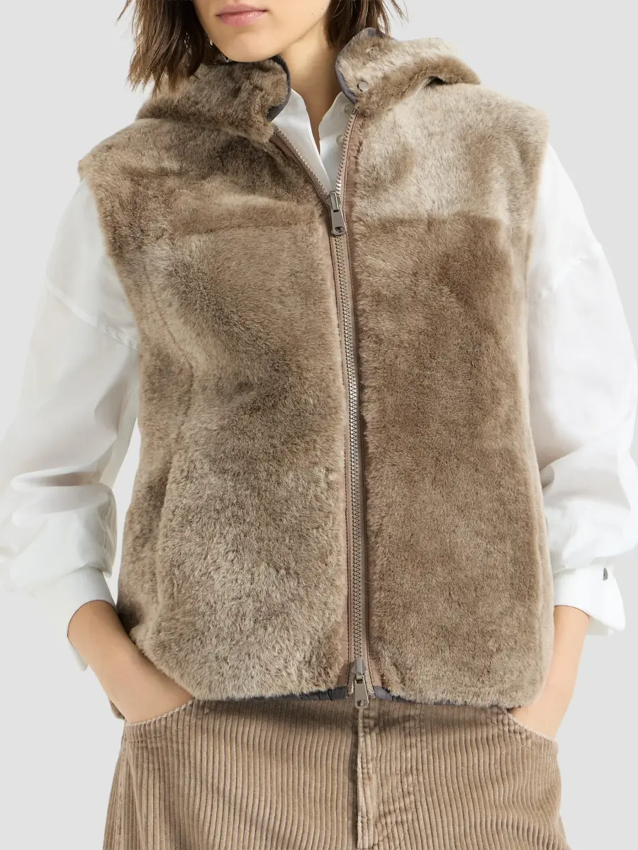 Brunello Cucinelli Women's Shearling Reversibile Vest with Thermore Padding and Hood - Light Brown | Thumbnail 2 Brunello Cucinelli Women's Shearling Reversibile Vest with Thermore Padding and Hood - Light Brown | Thumbnail 2