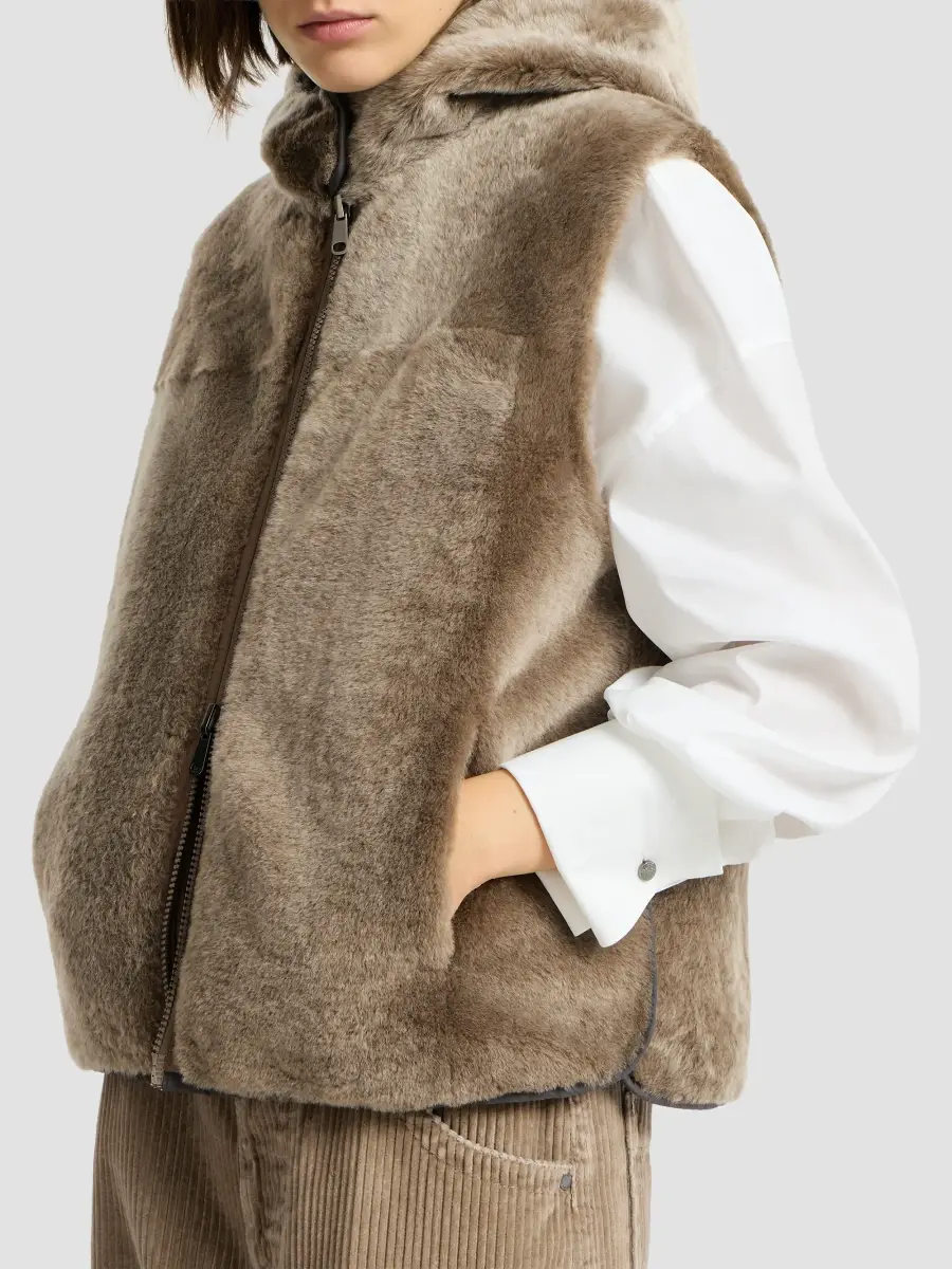 Brunello Cucinelli Women's Shearling Reversibile Vest with Thermore Padding and Hood - Light Brown | Thumbnail 5 Brunello Cucinelli Women's Shearling Reversibile Vest with Thermore Padding and Hood - Light Brown | Thumbnail 5
