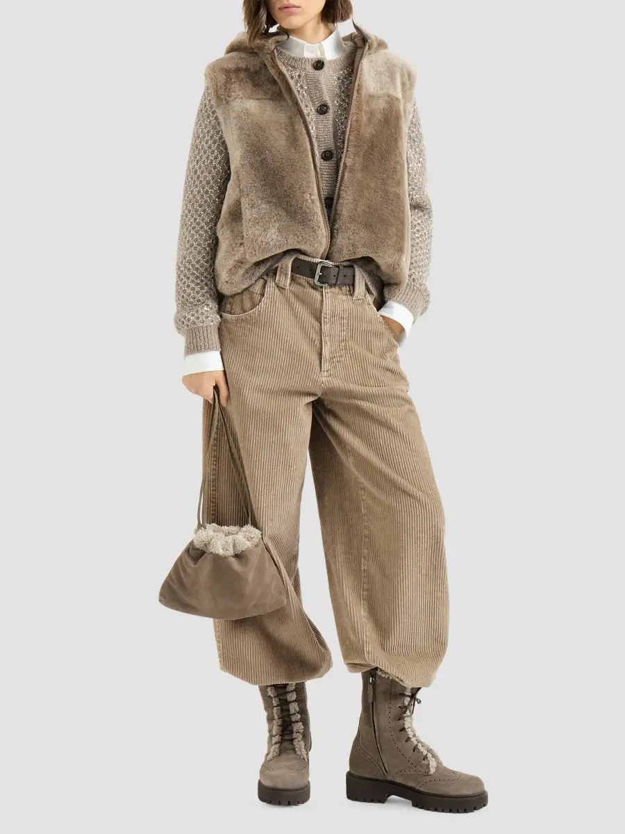 Brunello Cucinelli Women's Shearling Reversibile Vest with Thermore Padding and Hood - Light Brown | Thumbnail 6 Brunello Cucinelli Women's Shearling Reversibile Vest with Thermore Padding and Hood - Light Brown | Thumbnail 6