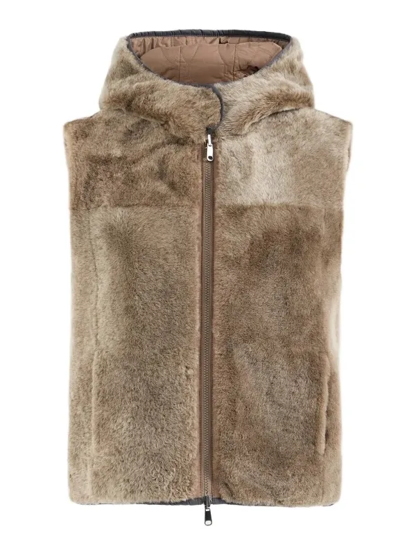 Brunello Cucinelli Women's Shearling Reversibile Vest with Thermore Padding and Hood - Light Brown