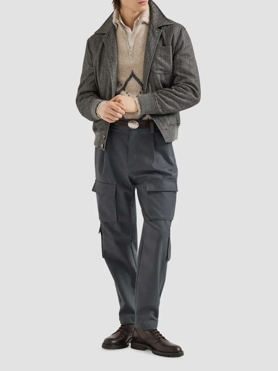 Brunello Cucinelli Men's Cashmere Sweater with Argyle Intarsia and Half Zip - Light Brown | Thumbnail 2 Brunello Cucinelli Men's Cashmere Sweater with Argyle Intarsia and Half Zip - Light Brown | Thumbnail 2