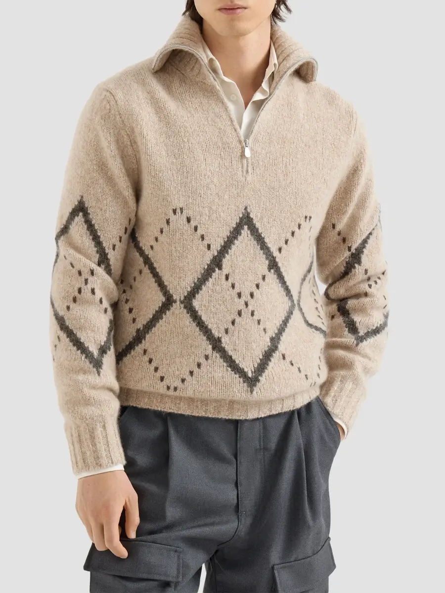 Brunello Cucinelli Men's Cashmere Sweater with Argyle Intarsia and Half Zip - Light Brown | Thumbnail 3 Brunello Cucinelli Men's Cashmere Sweater with Argyle Intarsia and Half Zip - Light Brown | Thumbnail 3