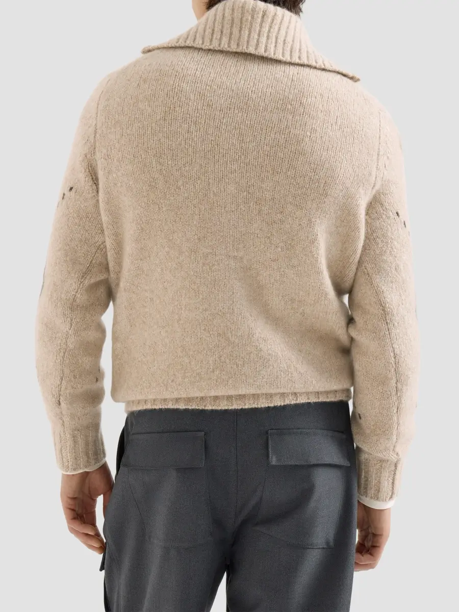 Brunello Cucinelli Men's Cashmere Sweater with Argyle Intarsia and Half Zip - Light Brown | Thumbnail 4 Brunello Cucinelli Men's Cashmere Sweater with Argyle Intarsia and Half Zip - Light Brown | Thumbnail 4