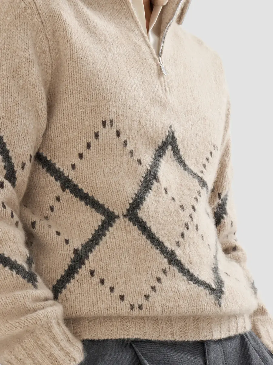 Brunello Cucinelli Men's Cashmere Sweater with Argyle Intarsia and Half Zip - Light Brown | Thumbnail 5 Brunello Cucinelli Men's Cashmere Sweater with Argyle Intarsia and Half Zip - Light Brown | Thumbnail 5