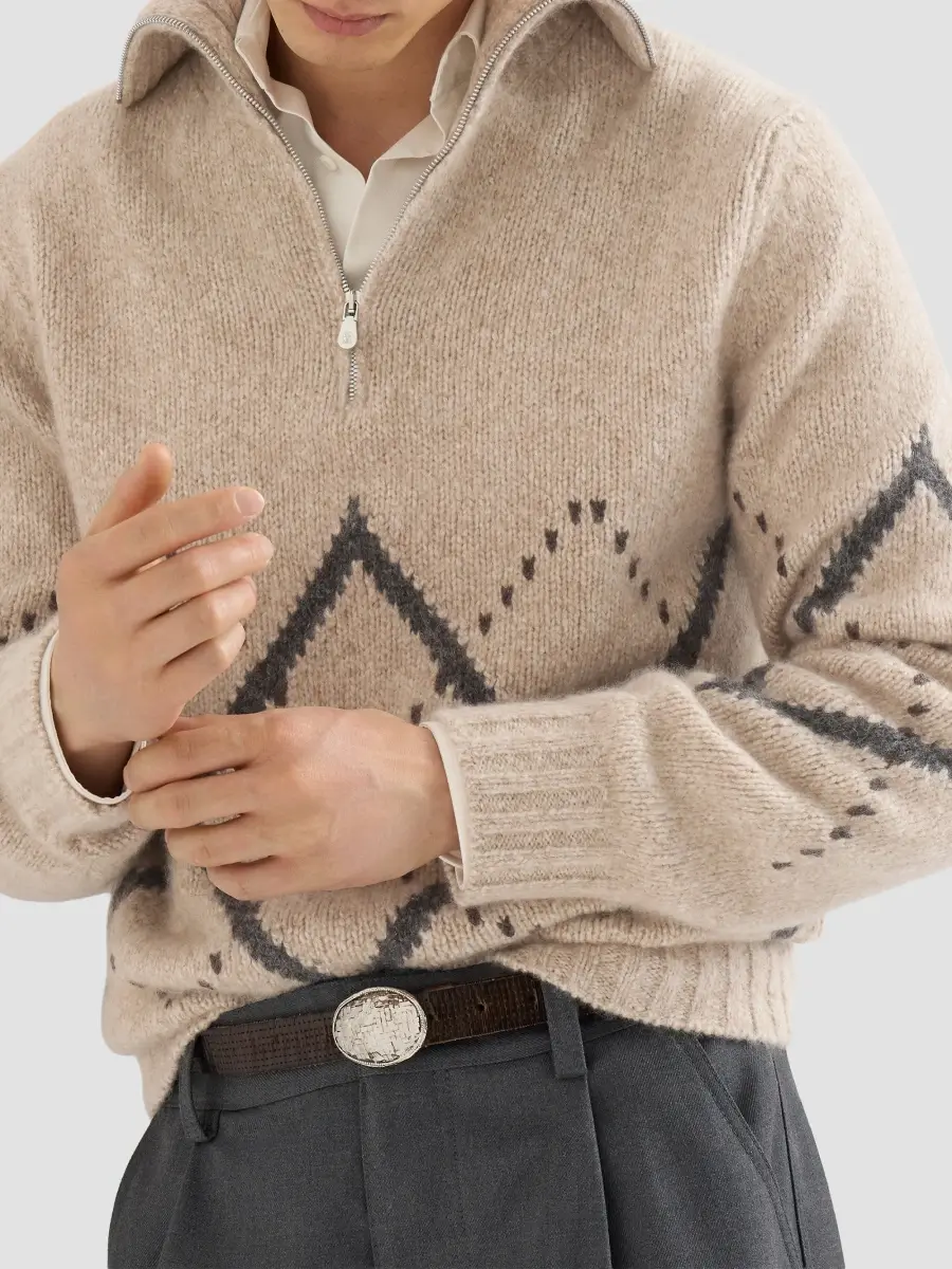 Brunello Cucinelli Men's Cashmere Sweater with Argyle Intarsia and Half Zip - Light Brown | Thumbnail 6 Brunello Cucinelli Men's Cashmere Sweater with Argyle Intarsia and Half Zip - Light Brown | Thumbnail 6