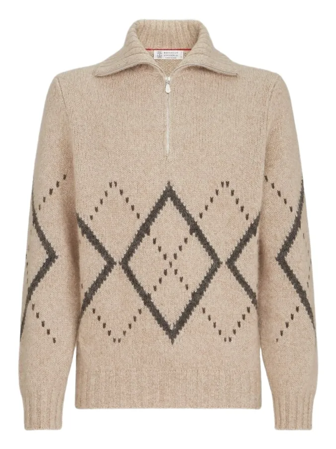 Brunello Cucinelli Men's Cashmere Sweater with Argyle Intarsia and Half Zip - Light Brown