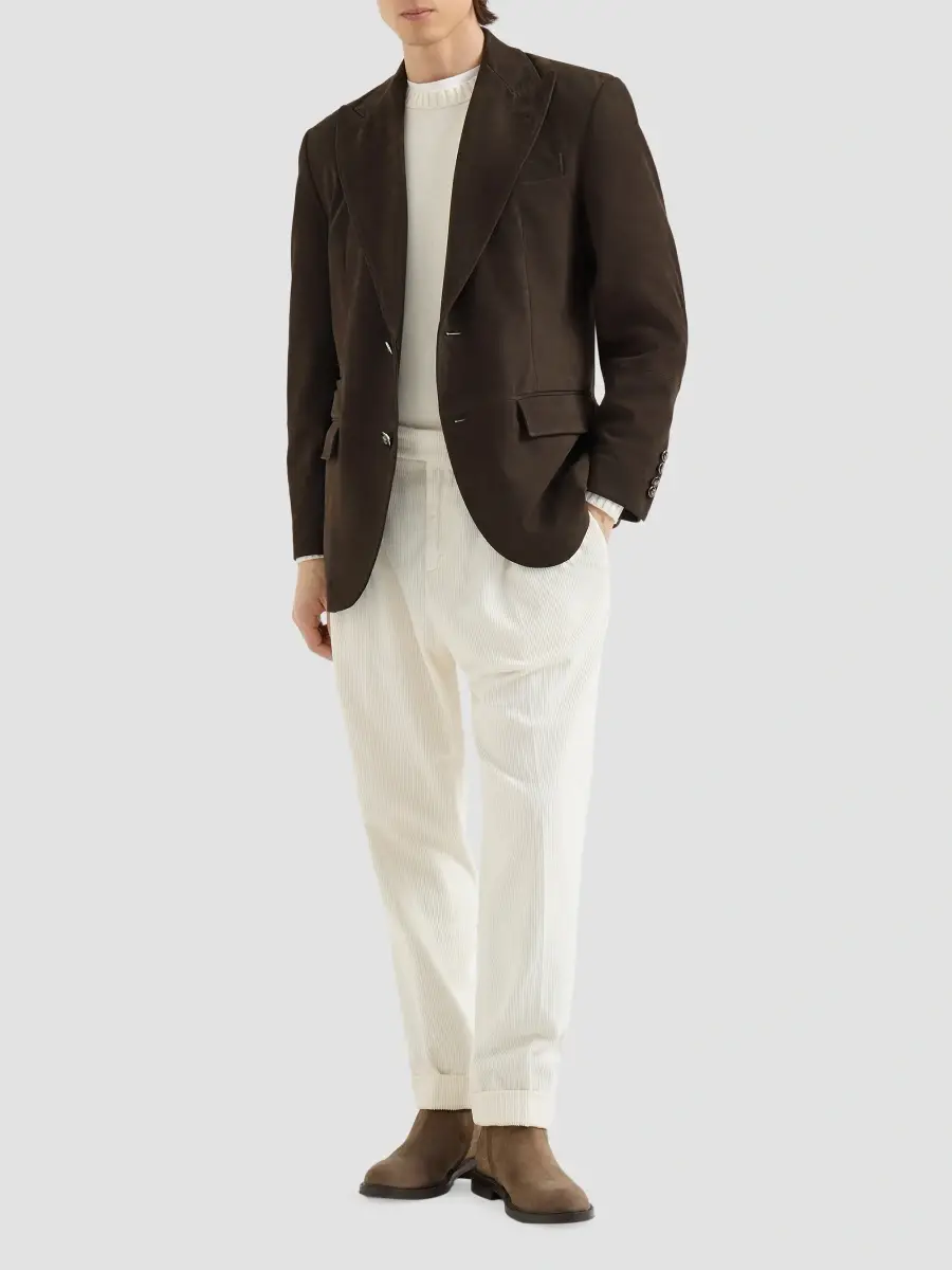Brunello Cucinelli Men's Nubuck Blazer with Peak Lapels and Metal Buttons - Brown | Thumbnail 2 Brunello Cucinelli Men's Nubuck Blazer with Peak Lapels and Metal Buttons - Brown | Thumbnail 2
