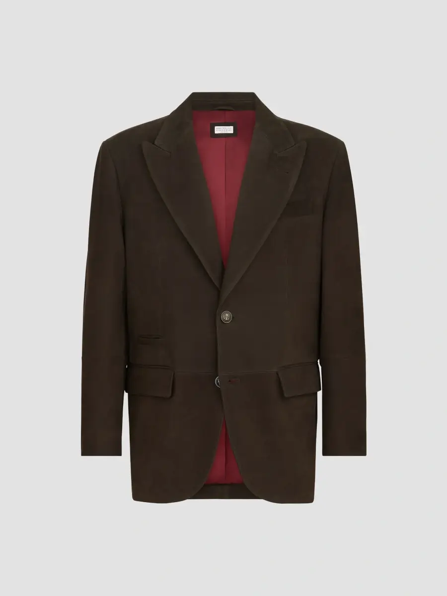 Brunello Cucinelli Men's Nubuck Blazer with Peak Lapels and Metal Buttons - Brown | Thumbnail 3 Brunello Cucinelli Men's Nubuck Blazer with Peak Lapels and Metal Buttons - Brown | Thumbnail 3