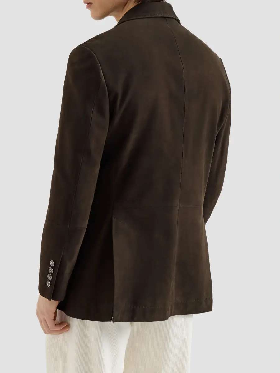 Brunello Cucinelli Men's Nubuck Blazer with Peak Lapels and Metal Buttons - Brown | Thumbnail 4 Brunello Cucinelli Men's Nubuck Blazer with Peak Lapels and Metal Buttons - Brown | Thumbnail 4