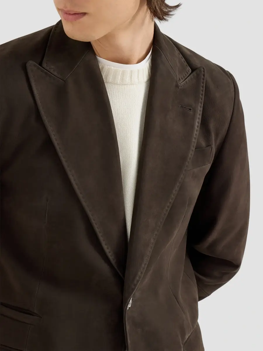 Brunello Cucinelli Men's Nubuck Blazer with Peak Lapels and Metal Buttons - Brown | Thumbnail 5 Brunello Cucinelli Men's Nubuck Blazer with Peak Lapels and Metal Buttons - Brown | Thumbnail 5