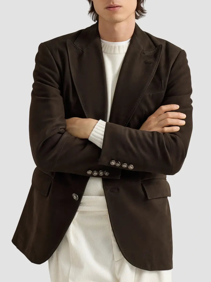 Brunello Cucinelli Men's Nubuck Blazer with Peak Lapels and Metal Buttons - Brown | Thumbnail 6 Brunello Cucinelli Men's Nubuck Blazer with Peak Lapels and Metal Buttons - Brown | Thumbnail 6